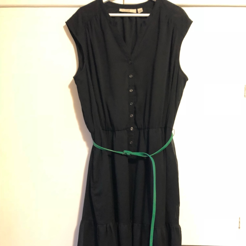 Black belted dress with tiered skirt